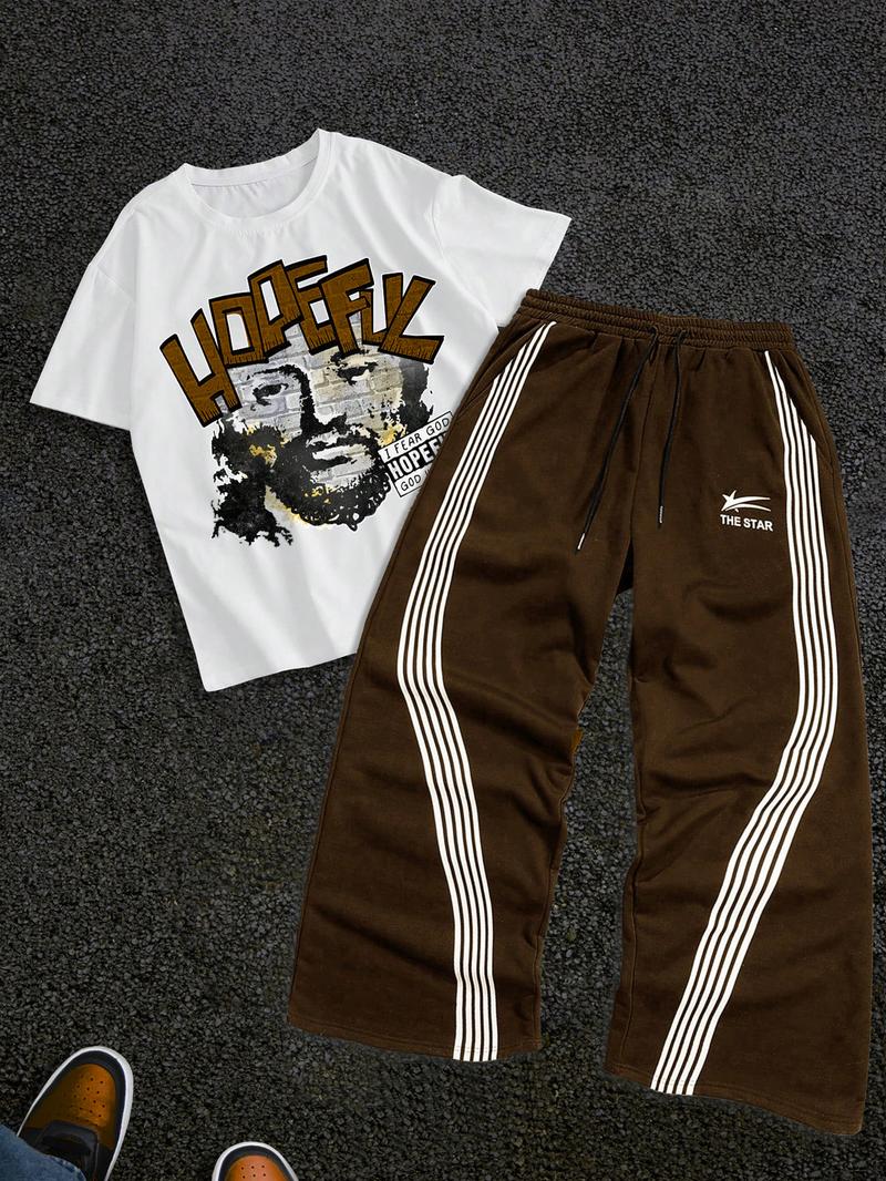 Men's Letter Print Short Sleeve Graphic Tee & Side Stripe Drawstring Waist Pants Two-piece Set, Regular Fit Round Neck T-shirt & Pocket Trousers, Casual Fashion Cozy Breathable Men Outfits for Spring & Fall