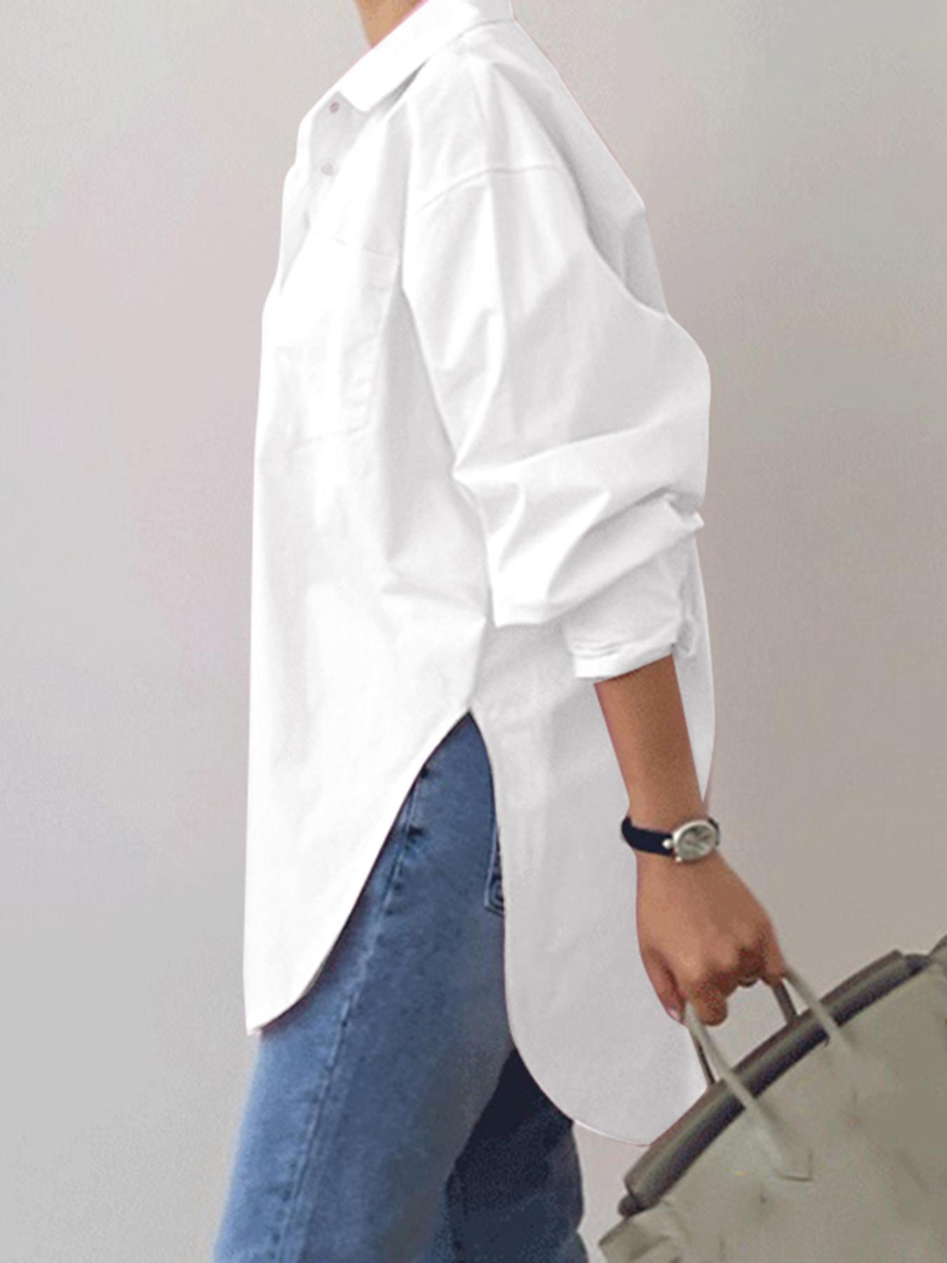 Women's Plain Button Front Drop Shoulder Shirt Blouse, Casual Loose Long Sleeve Collared Top for Fall & Winter, Quality & Durable Women's Clothing for Daily Wear