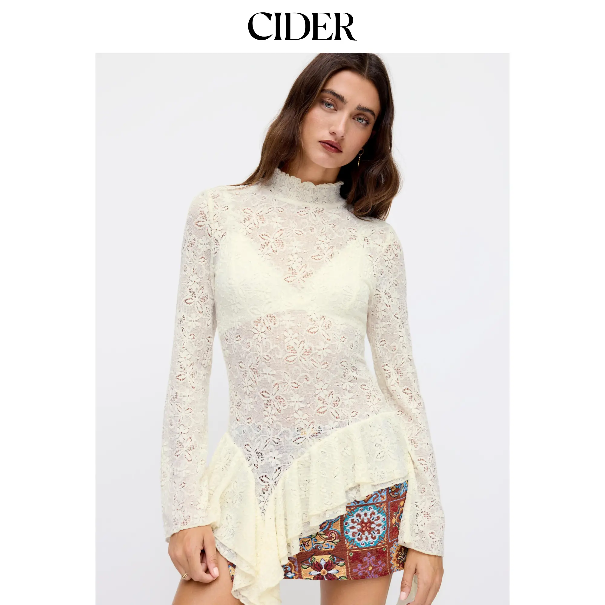 Cider Texture High Neck Pointelle Asymmetrical Ruffle Hem See-through Top SummerFinds