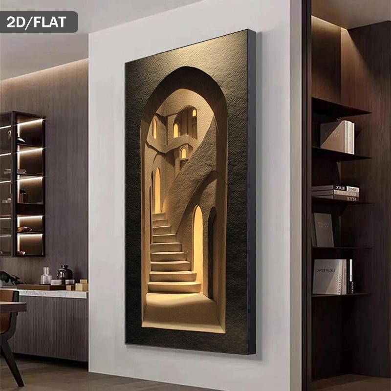 Wooden Framed Canvas Painting Wall Art1 Large Modern Abstract Illusion staircase Wall Art - 2D flat beige and brown optical illusion canvas painting, suitable for living room and bedroom - Wooden framed minimalist mural poster Wrapped in canvas