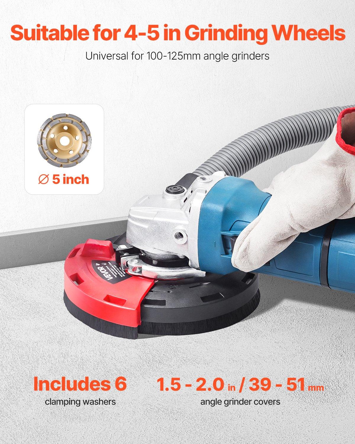 VEVOR Grinding Dust Shroud for Angle Grinder, Universal 4-5 in, Surface Grinder Dust Shroud with 6 Clamping Washers & 5 in Diamond Grinding Cup Wheel, Connect to Vacuum Cleaner, for Wood Concrete Wall