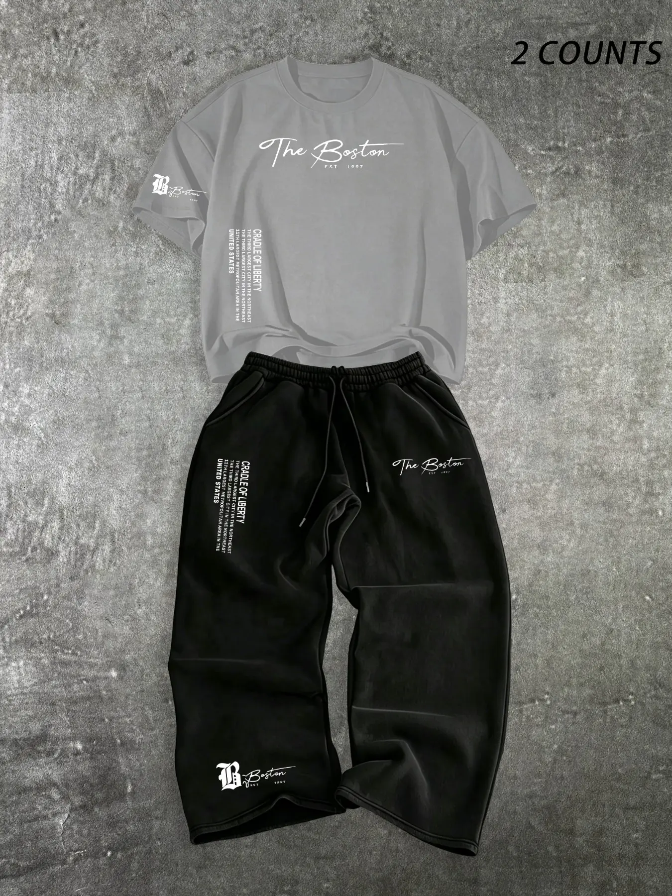 Men letter printed short sleeve top and drawstring sweatpants matching tracksuit, soft breathable loose streetwear suit for daily wear, casual outings and street style collocation #TracksuitSet #LetterPrintOutfit #StreetwearSet #CasualMatchingWear
