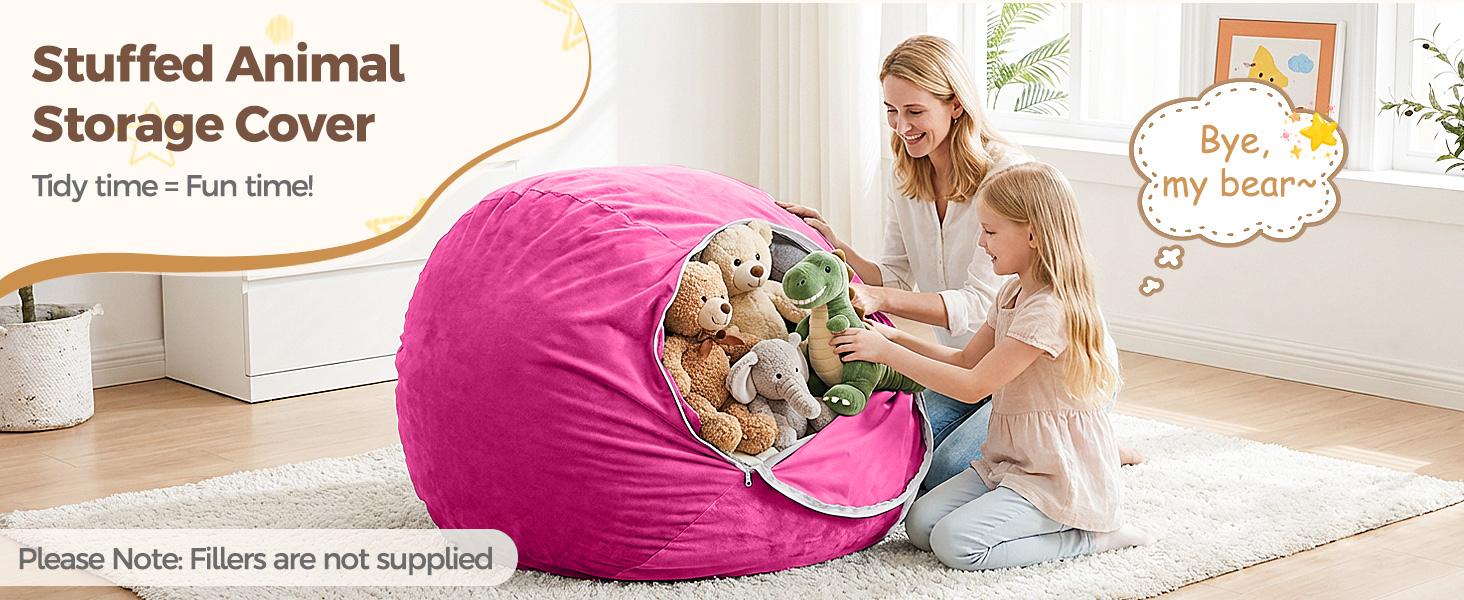 Stuffed Animal Storage Bean Bag Chair Cover – Soft Velvet Kids Beanbag with Handle, Machine Washable (No Filler). Hot Pink Organizer for Living Room, Bedroom & Dorm. Comfy & Functional.