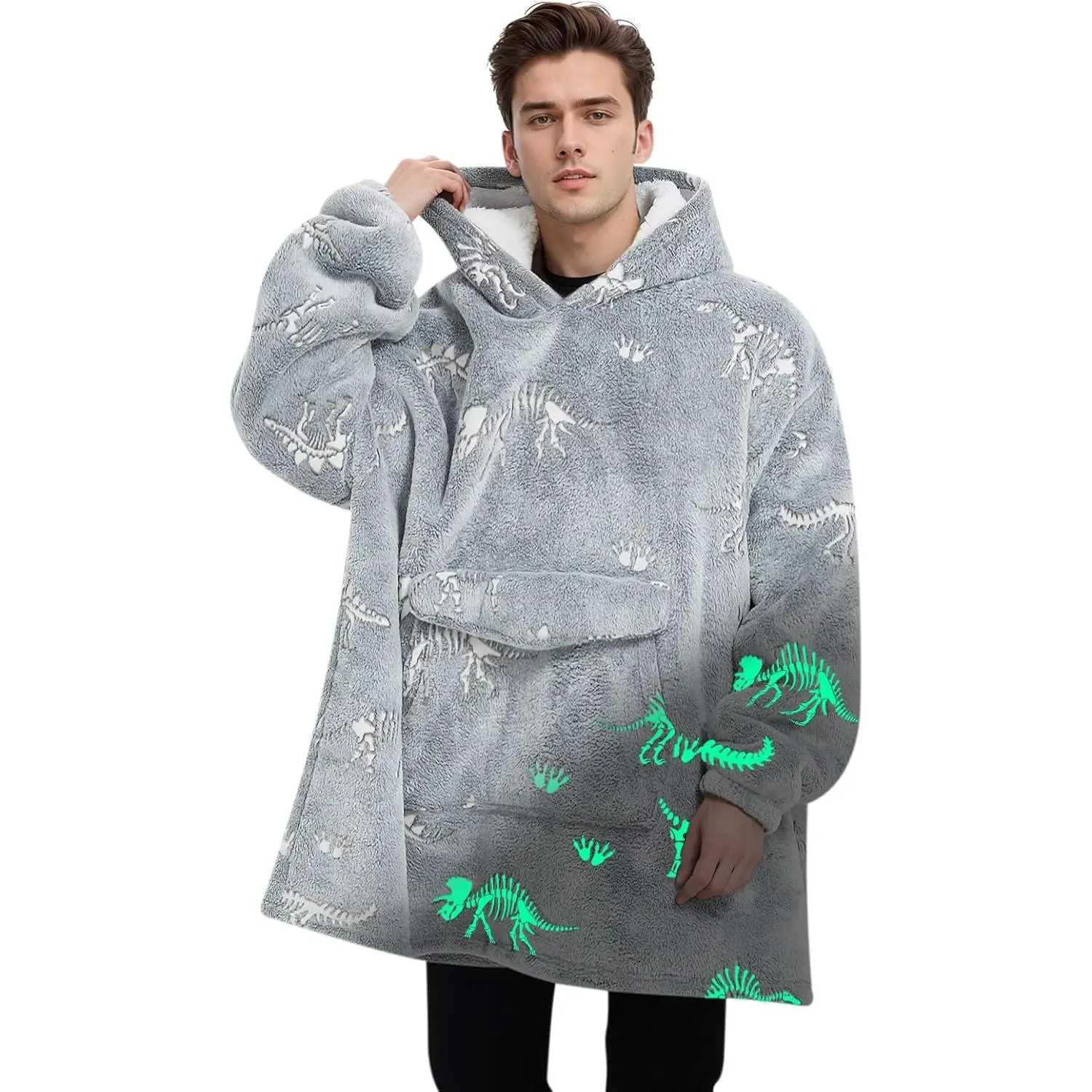 Wearable Blanket Hoodie for Adult,Oversized Fleece Blanket Hoodie for Men,Glow in The Dark Dinosaur