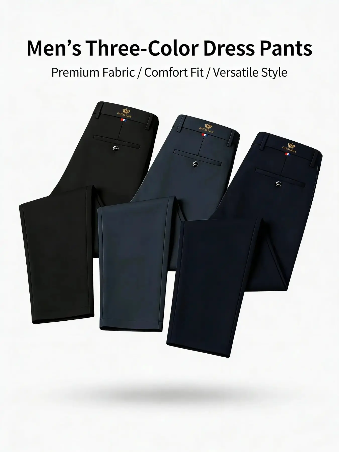 3-Pack Men's Business Casual Pants, Classy Trouser, Crown Logo Luxury Style, High Stretch Fabric Wrinkle-Resistant No-Iron, Slim Fit Not Tight, Breathable Comfort, Superior Drape, Easy Care, Versatile Fashion, Menswear