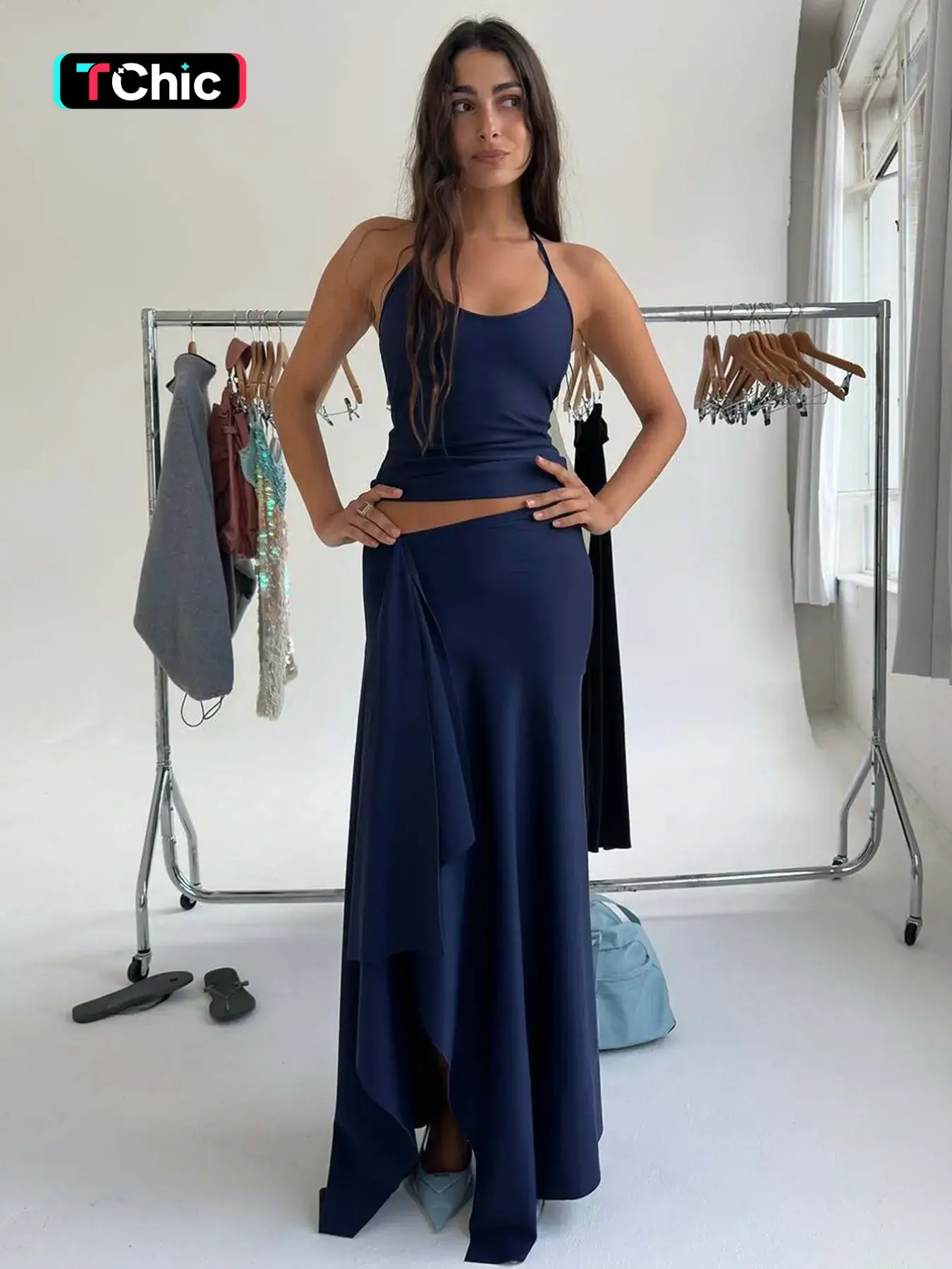 Women's Solid Sleeveless Tie-Neck Cami Top & Bodycon Side-Split Long Skirt Two-Piece Set for Summer Party and Vacation Minimalist Clothes