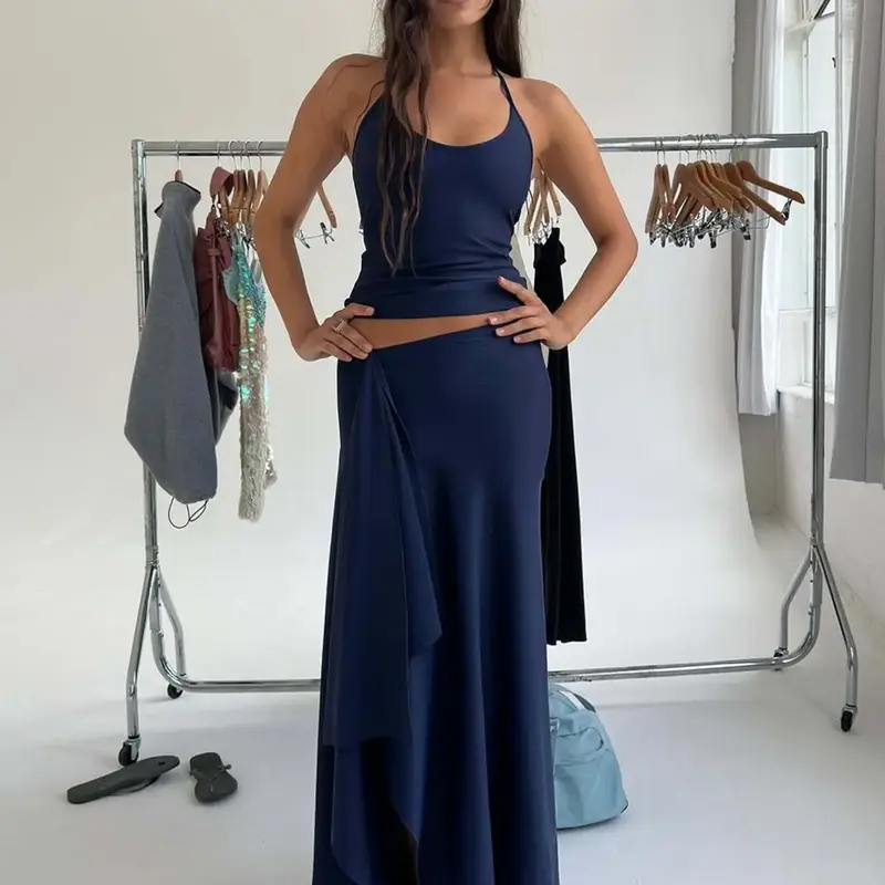 Women's Solid Sleeveless Tie-Neck Cami Top & Bodycon Side-Split Long Skirt Two-Piece Set for Summer Party and Vacation Minimalist Clothes