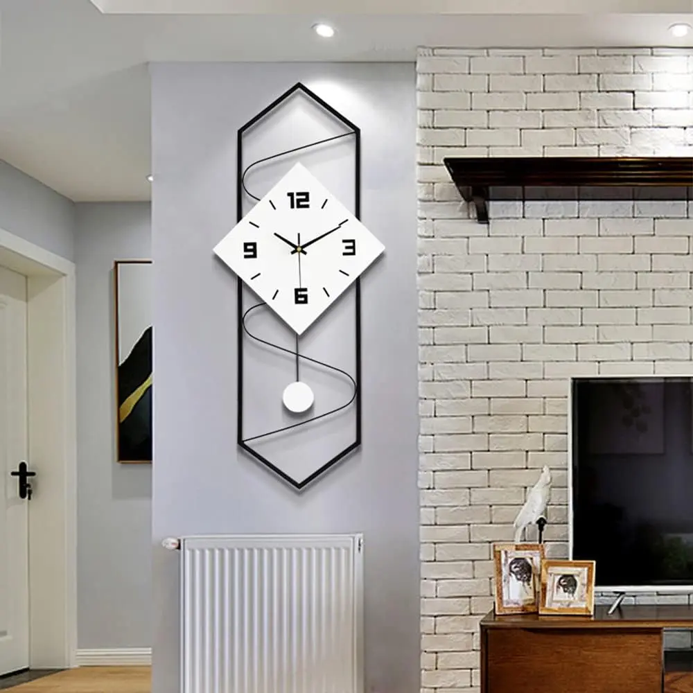 Modern Pendulum Wall Clock with Silent Movement,Metal+Solid Wood Wall Decor Clock Wall Clocks for Living Room Decor,Bedroom, Office Space,Black and White