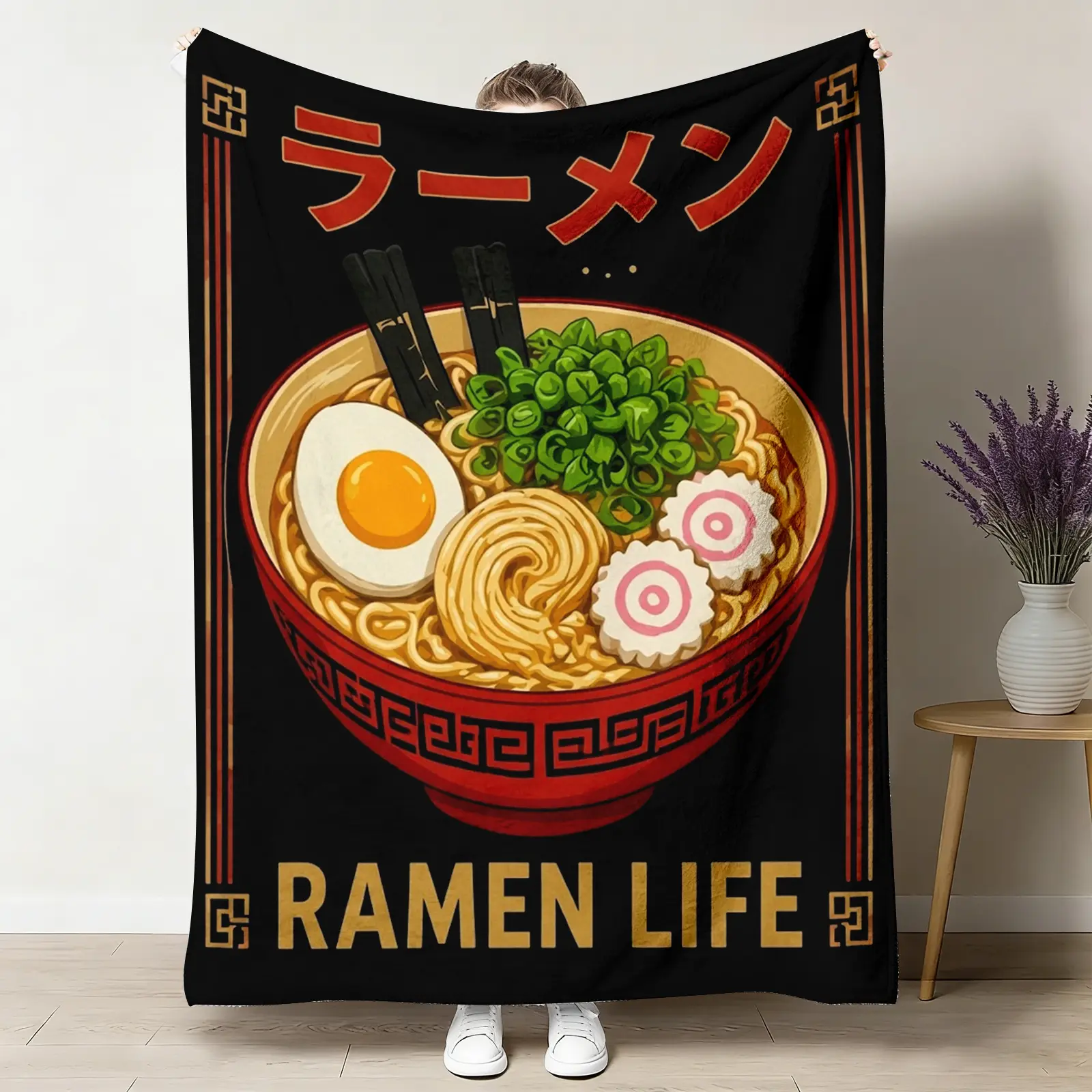 Ramen Life Throw Blanket, Retro Japanese Noodle Bowl Flannel Blanket, Soft Cozy Warm Throw, Chopsticks Egg Design, Gift for Him Her Lover, Anime Trendy Dorm Couch Bedroom Decor ﻿ ultra-soft comfortable