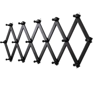 Accordion Wall Hanger with 16 Hooks, Wooden Wall Expandable Coat Rack for Coat, Hats, Baseball Caps, Coffee Mug, Jewelry(Black)