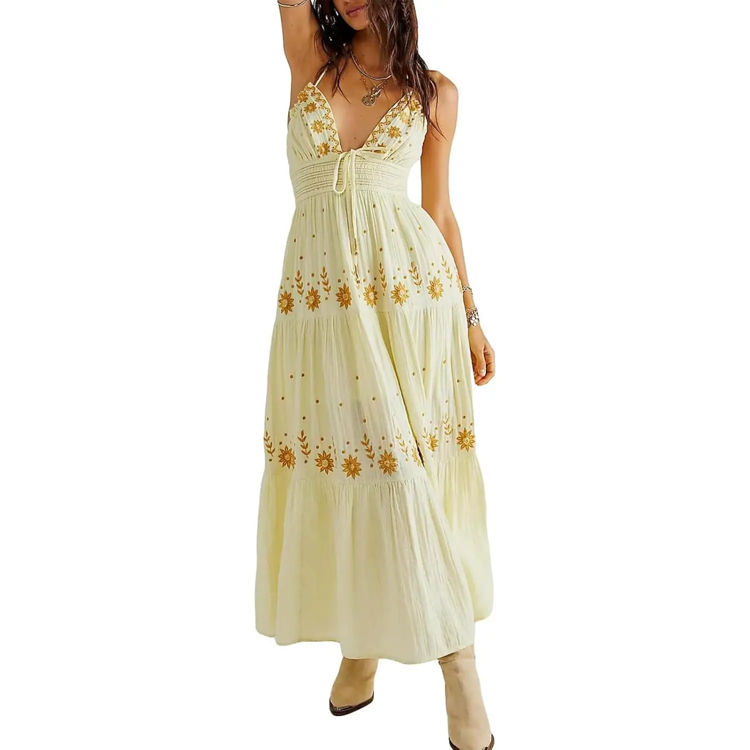 ebossy Women's Summer Boho Embroidered Daisy Maxi Dress - Halter Spaghetti Straps, Shirred V-Neck, Backless, Flowy Maternity Sundress for Sea Vacation, Formal Occasions, Flowers, Bohemian