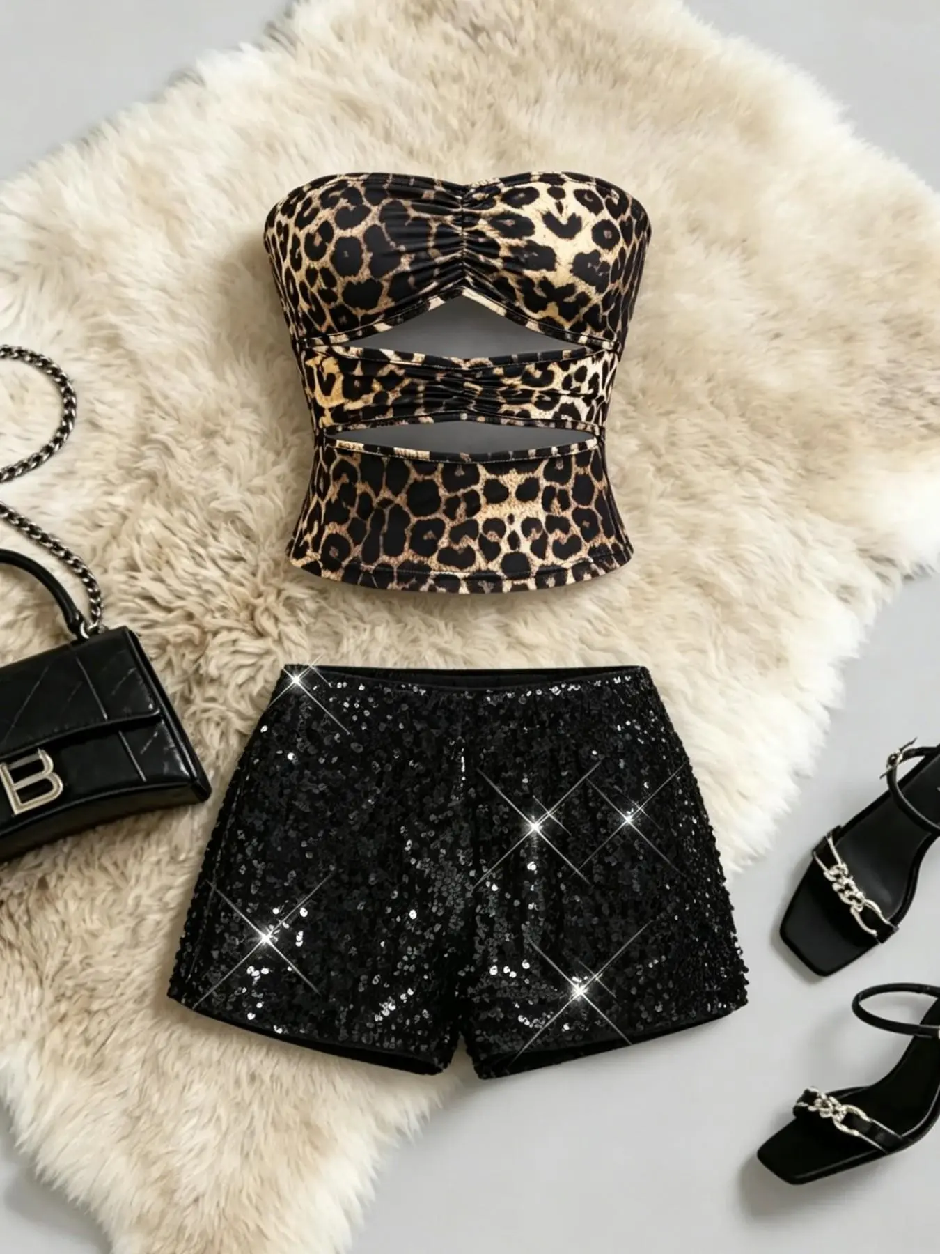 Women's Hollow Out Crop Top + Plain Sequin Shorts Set, Slim Fit Casual Party, Nightclub Fashion Two-Piece Ensemble, Fashion Clothing Set