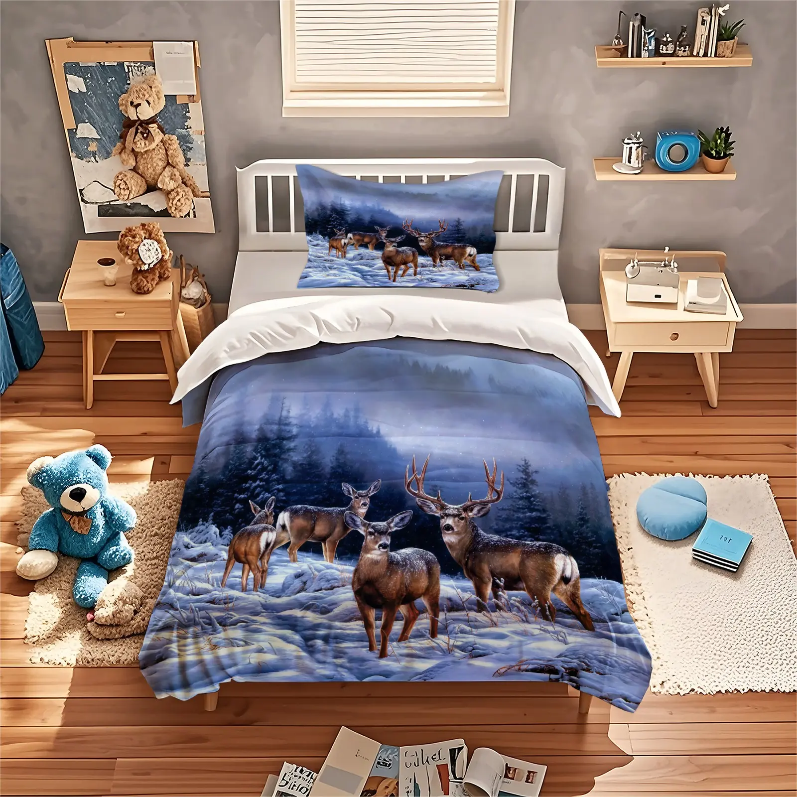 Snow Mountain Deer Print Duvet Cover Set, 1 Duvet Cover With 1/2 Pillowcase (Excluding Duvet Core And Pillow Core), Suitable For Teenagers And Adults In Bedrooms, Dormitories, And Guest Rooms, Suitable As a Gift And Decoration