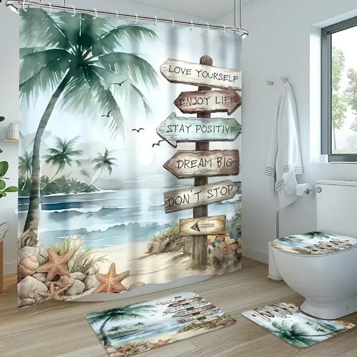 1/4pcs - 2D Flat Tropical Beach Palm Tree Shower Curtain Set, Shower Curtain with 12 Plastic Hooks, Bathroom Anti-slip Floor Mat, Toilet U-shaped Mat, Cover Mat, Blue Ocean Quotes Coast Sunset Scenery Inspirational Vintage Art Bathroom Home Decor