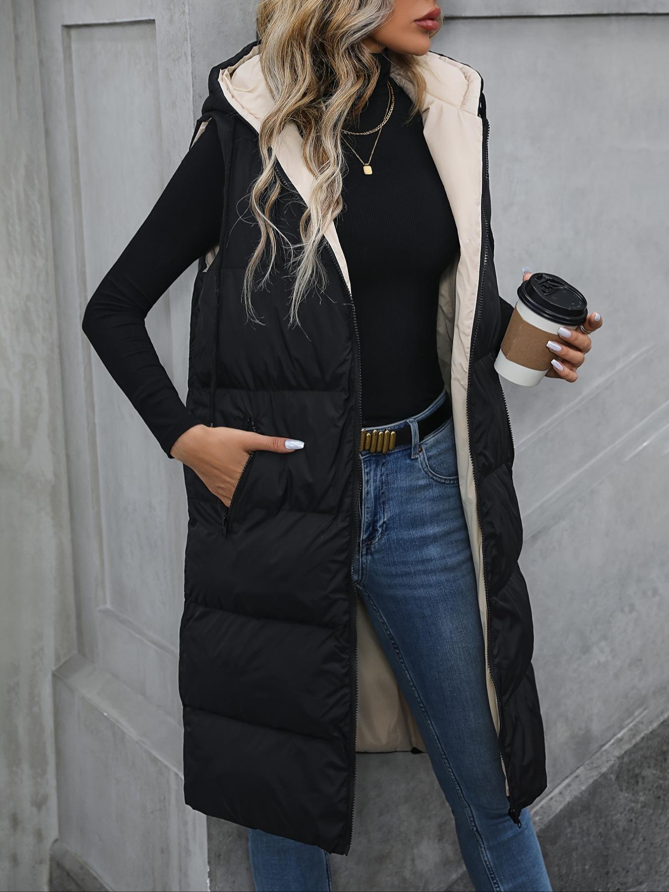 Women's Woven Solid Pocket Zip Up Drawstring Hooded Vest Winter Coat, Casual Fashionable Loose Sleeveless Thick Warm Coat for Daily Outdoor Wear, Women Clothing for Fall & Winter, Womenswear