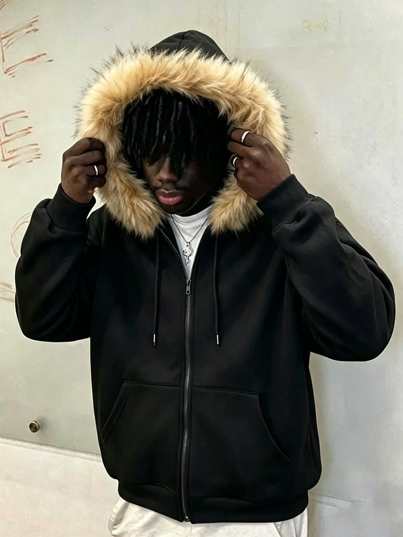 Men's Large Fur Collar Zipper Hoodie, Loose Full-Zip Hooded Jacket, Plush Fake Fur, Kangaroo Pocket, Soft Warm Fabric