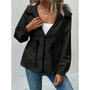 Jacket with Drawstring Zipper And Hood