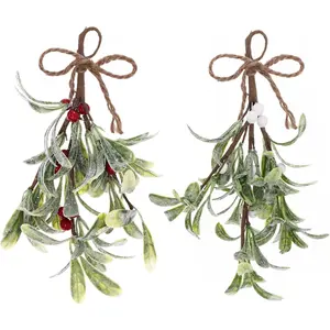 2 PCS Mistletoe Christmas Decor Artificial Mistletoe Christmas Decor Hanging Glitter Leaf Christmas Hanging Ornament for Decor Doorway & Couple