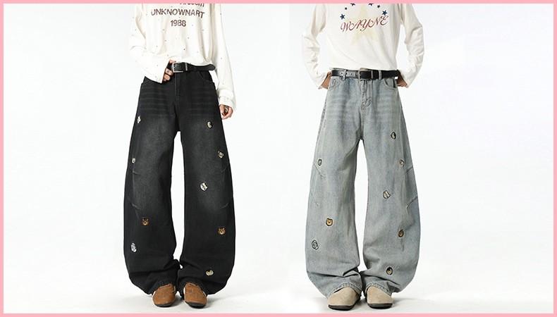 American High Street Trendy Brand Cartoon Embroidered Versatile Distressed Scimitar Pants Wide Leg Pants Straight Jeans