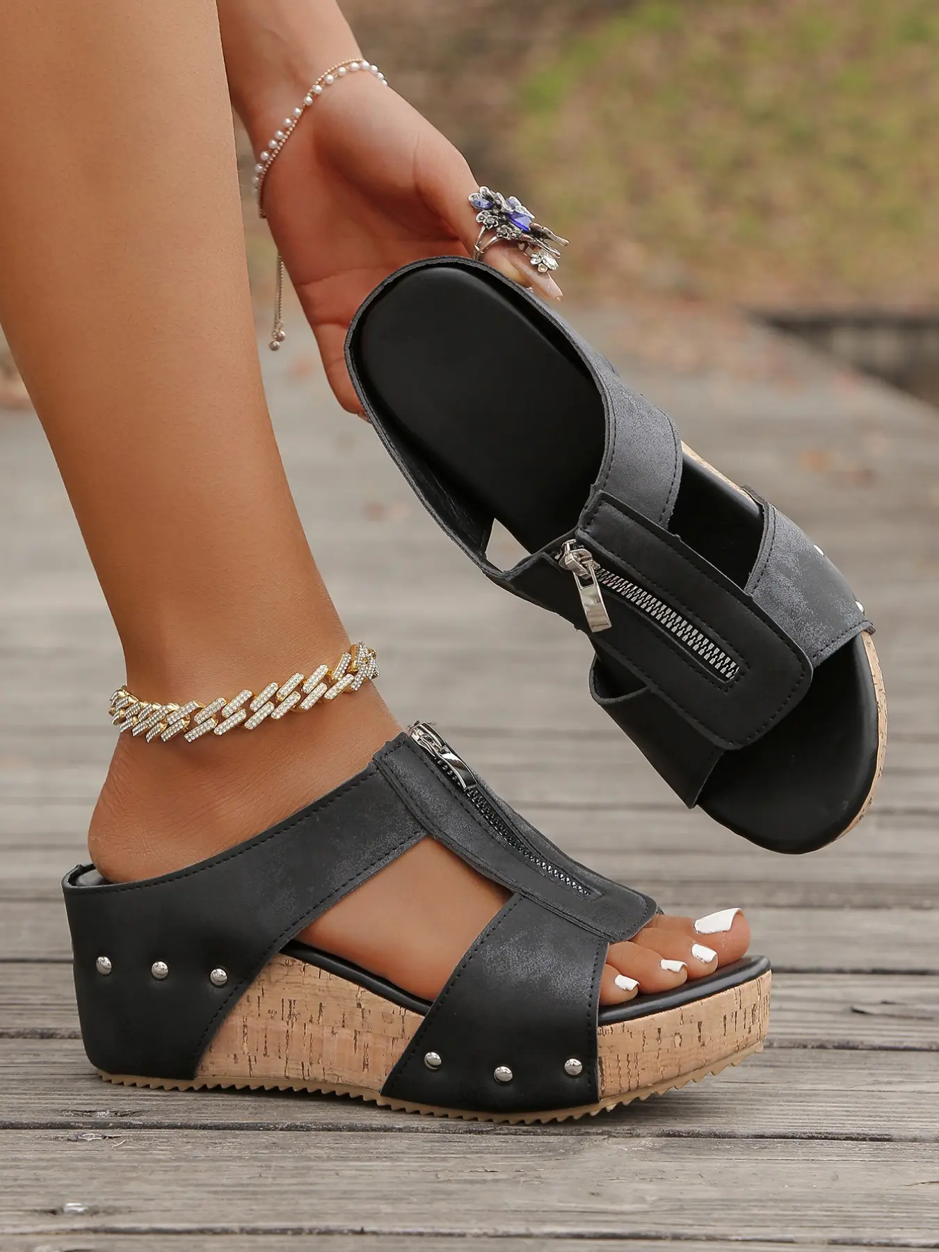 Vintage Rivet Front Zipper Wedge Slippers, Two Colors Available, Summer Vacation Hollow Out Thick Sole Sandals, PU Leather, Rubber Sole
