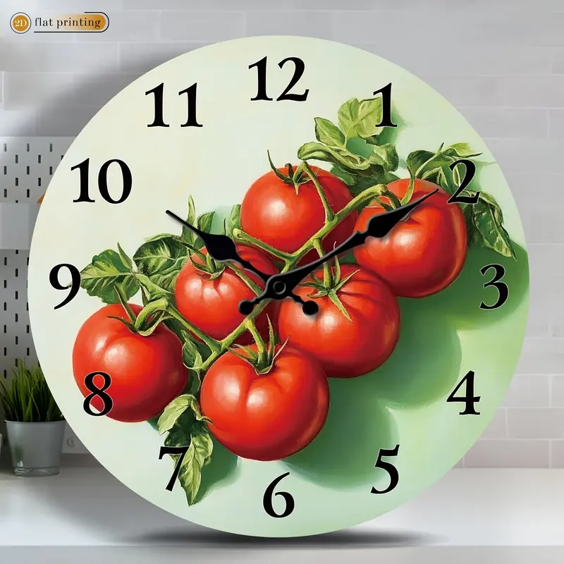 Tomato-themed wall clock, acrylic silent wall clock for home use - 2D flat print, suitable for decorating study rooms, classrooms, and offices, Easter, Ramadan, Valentine's Day gift (AA batteries not included)