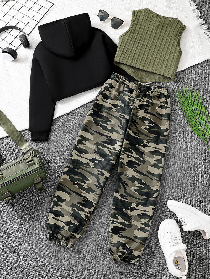 Three-Piece Set Girl's Plain Asymmetrical Hem Crop Hoodie & Crop Tank Top & Camo Print Elastic Waist Sweatpants Set, Casual Drop Shoulder Hooded Sweatshirt & Tank Top & Jogger Pants for Spring & Fall, Kids Clothes for Daily Wear, Grunge Girl Outfits Three-Piece Set Girl's Plain Asymmetrical Hem Crop Hoodie & Crop Tank Top & Camo Print Elastic Waist Sweatpants Set, Casual Drop Shoulder Hooded Sweatshirt & Tank Top & Jogger Pants for Spring & Fall, Kids Clothes for Daily Wear, Grunge Girl Outfits