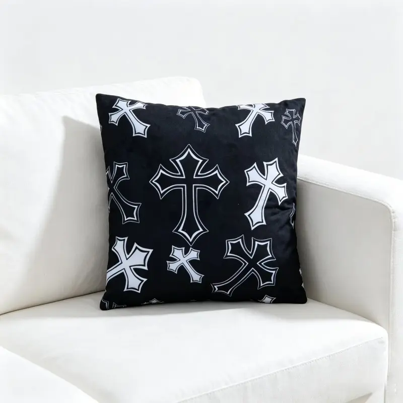 Gothic White Cross Print Short Plush Velvet Throw Pillow Cover 18x18 Inch Hidden Zipper Design Soft Decorative Sofa Cushion Cover, Square Couch Pillow Case for Home Living Room Decor. (inserts not included)