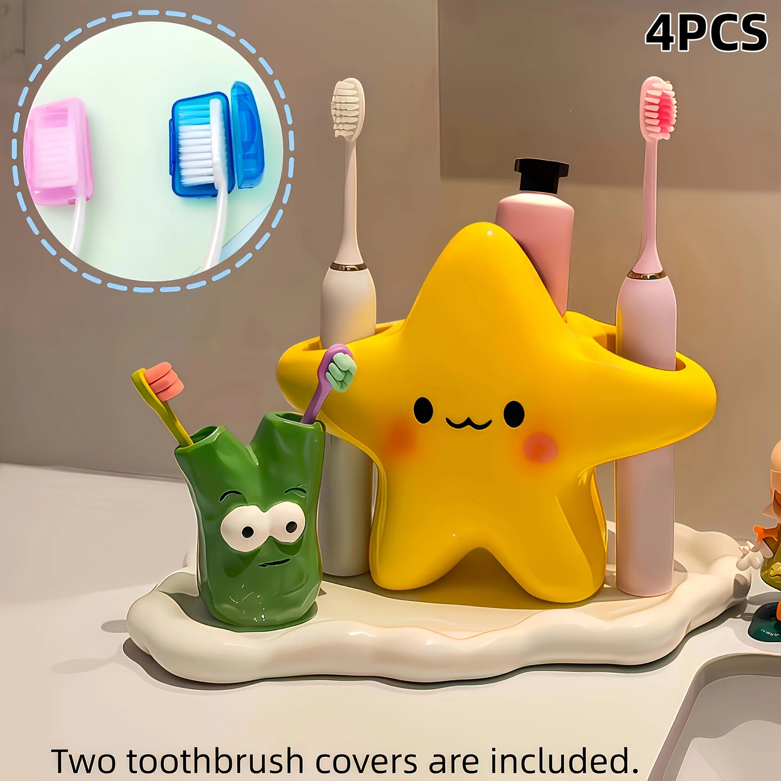 Freestanding Toothbrush Holder - Large-Sized, Creative Star Design, Durable, Cute Smiling Face, Multiple Sections, Space-Saving Bathroom Storage for Electric/Manual Toothbrushes