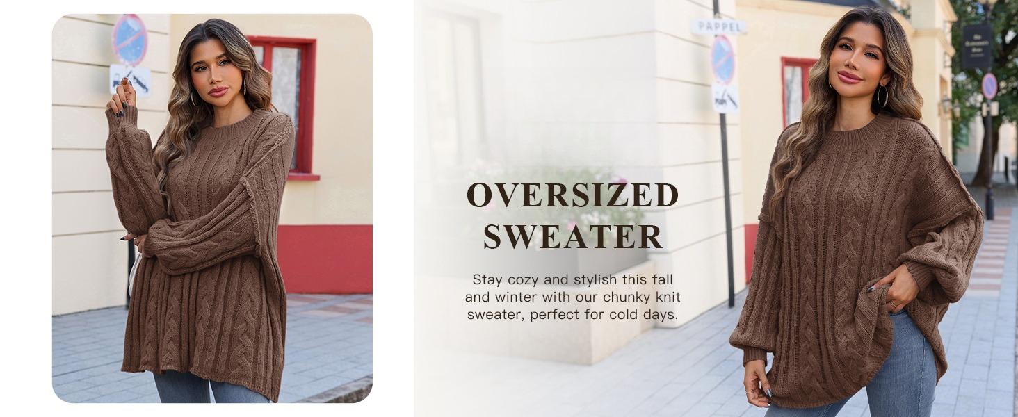 Womens Oversized Sweaters Chunky Cable Knit Crew Neck Casual Long Lantern Sleeve Fall Tunic Sweater Tops
