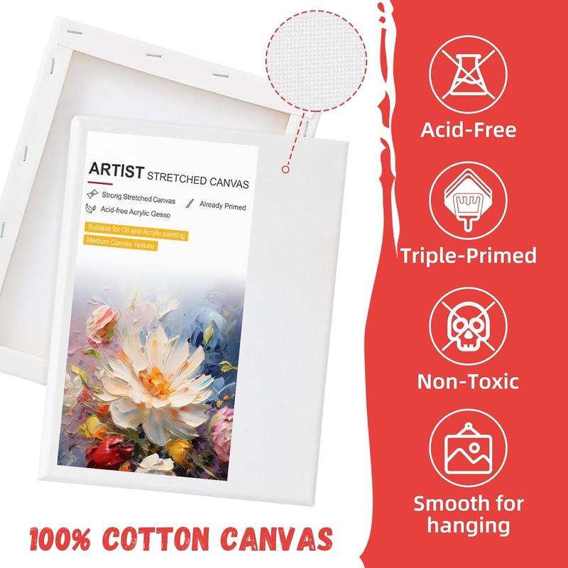 4 Pack Stretched Canvas for Painting 8x10 Inch,  Cotton Blank Art Canvases for  or Oil , Pre-Primed, 5/8 Inch Profile