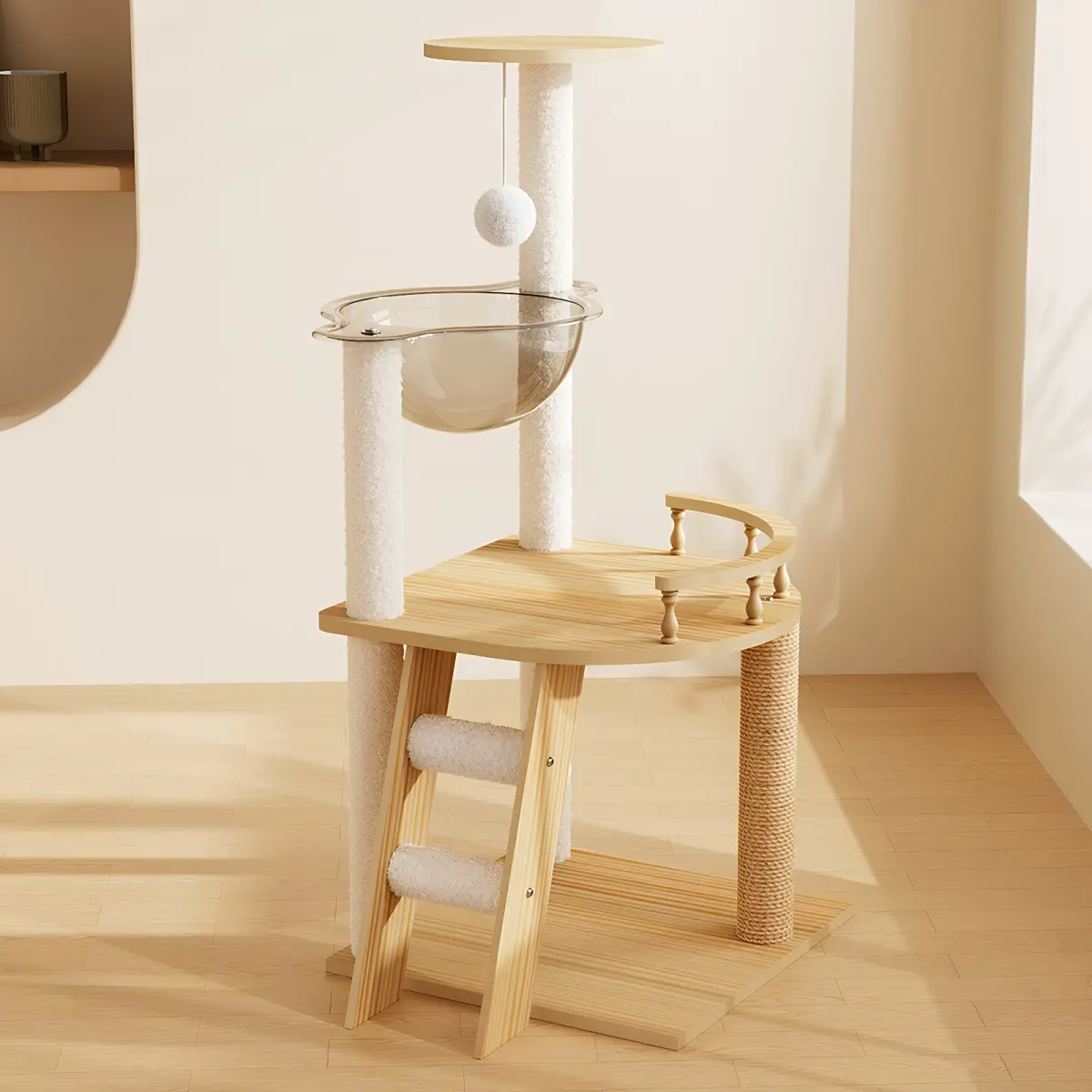 41.3" Modern Wood Cat Tree Tower with Sisal Scratching Posts, Top Perch and Acrylic Hammock, Natural White