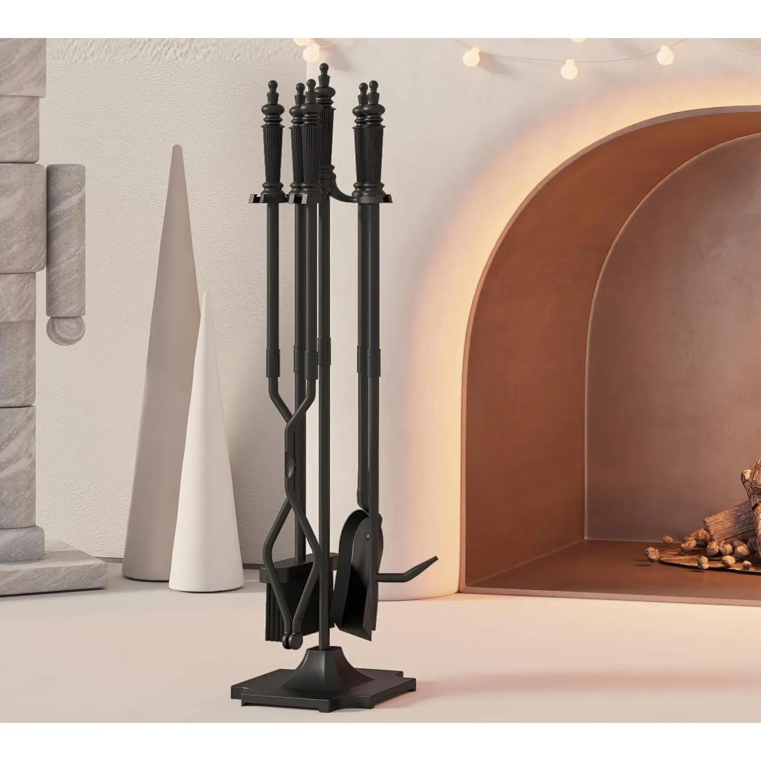 5-Piece Fireplace Tools Set 32.5In Cast Iron Indoor & Outdoor Fireside Accessories Includes Stand, Shovel, Brush, Tong, and Poker