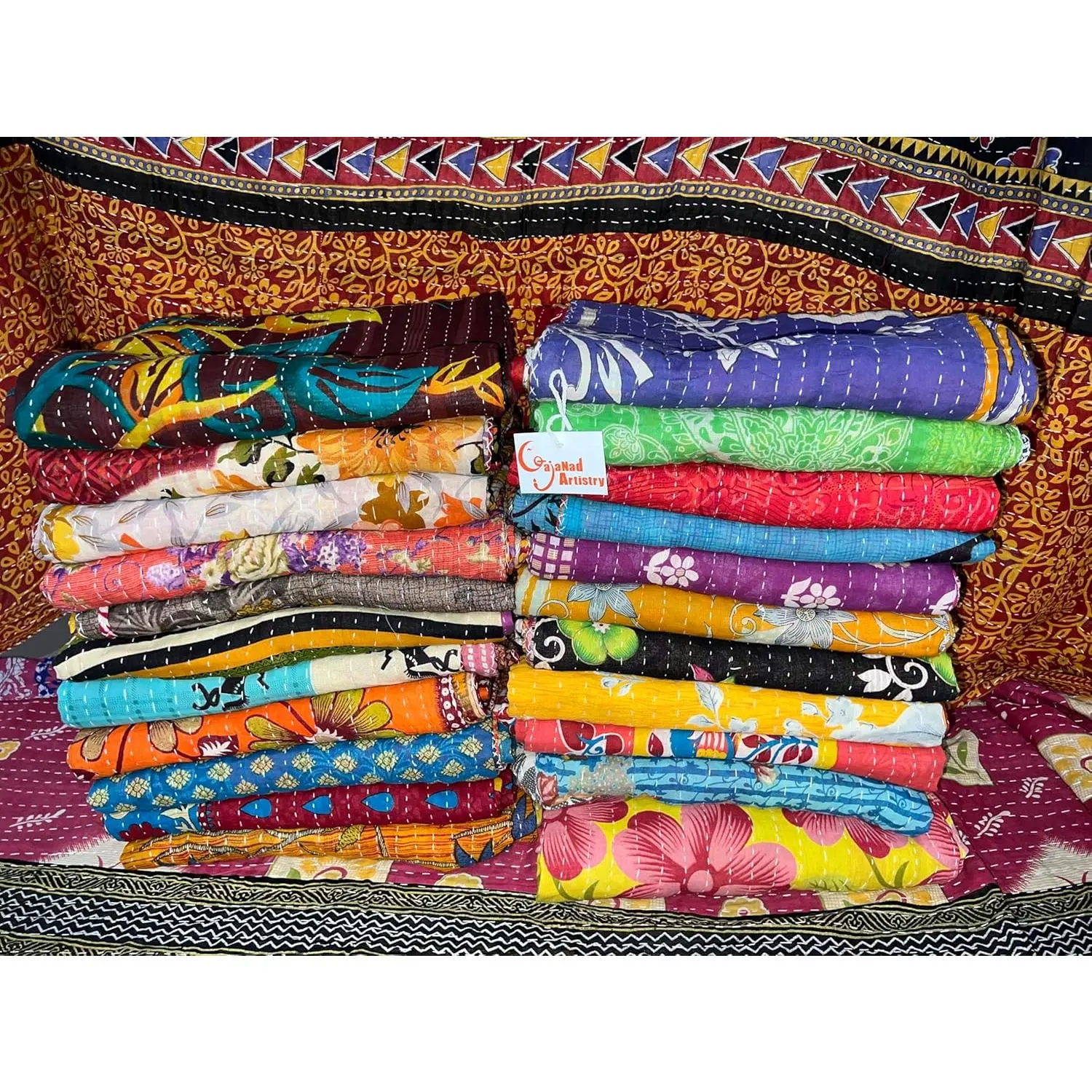Vintage Kantha Reversible Bohemian Home Decor Indian Blanket Twin Size 85X55 Inches Multicolor