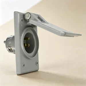 15A 125V Straight Blade Flanged Male Power Inlet Receptacle, Nylon Face Body And Strap, Industrial Grade Locking Connector, Heavy Duty Weather Resistant, 5278-CWP Gray