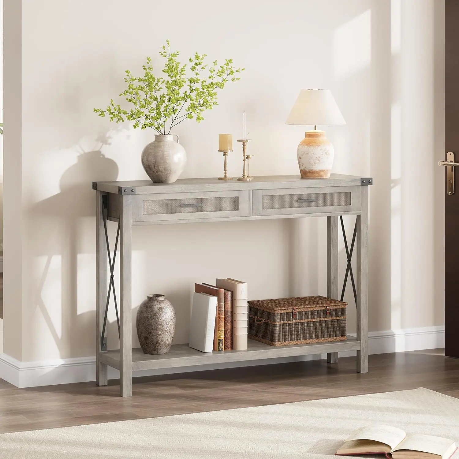 Entryway Table, Console Table Featuring Rattan Drawers, 43 in Sofa Table with Storage, Ideal Console Tables for Entryway, Living Room, Hallway, and Foyer - Grey