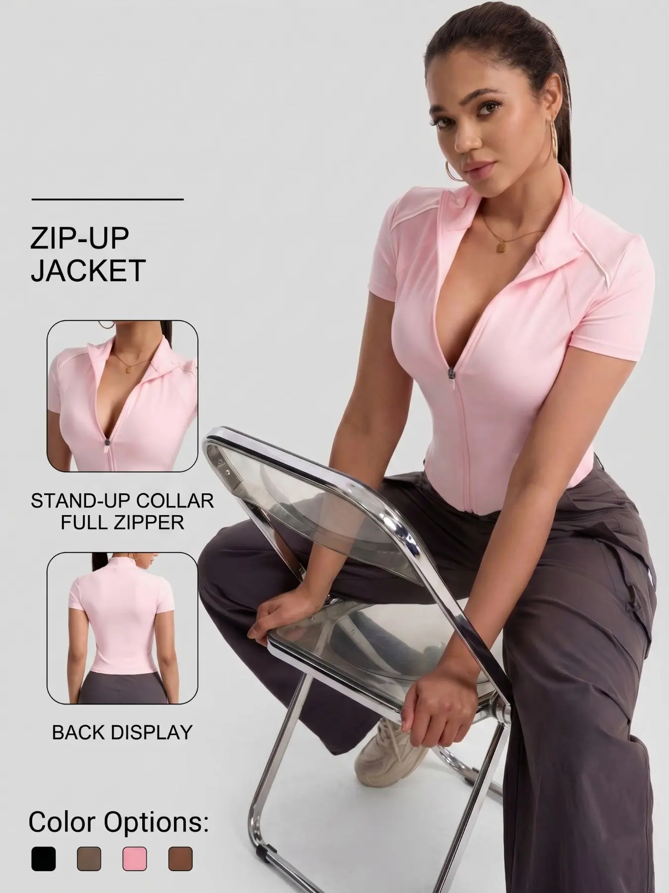 Women's Zipper Sport Jacket, Fitted Short Sleeve Yoga Top, Yoga Essential Jacket, Spring Indoor Outdoor Sports Wear, Athletic Jacket, Plain Surface Design, Workout Jacket