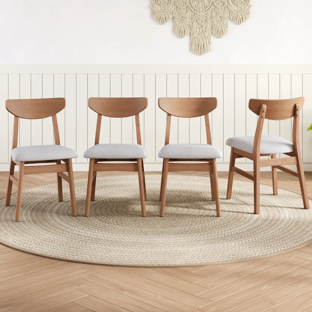 4 Piece Modern Scandinavian Chairs - Curved Wood Backrest & Gray Fabric Seat, Light Brown Finishes for Living Room, Dining Room, Easy to Assemble