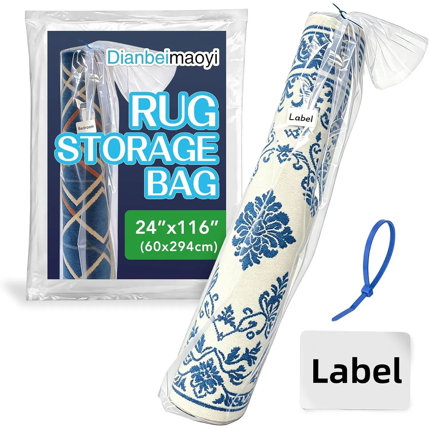 116 x 24 In Plastic Rug Storage Bag Fits Rolled Rug Up to 8' x 10' | 4 Mil Heavy Duty Carpet Bag with Zip Tie, Large Carpet Wrap for Moving, Shipping and Storage