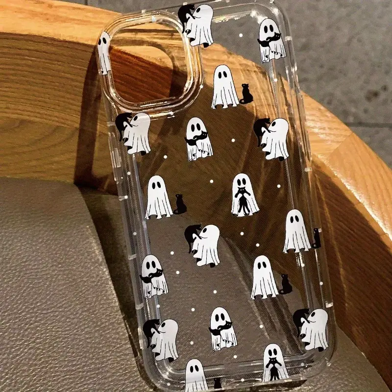 Clear CasePop phone case covered with small repeating black-and-white ghost and cat doodles
