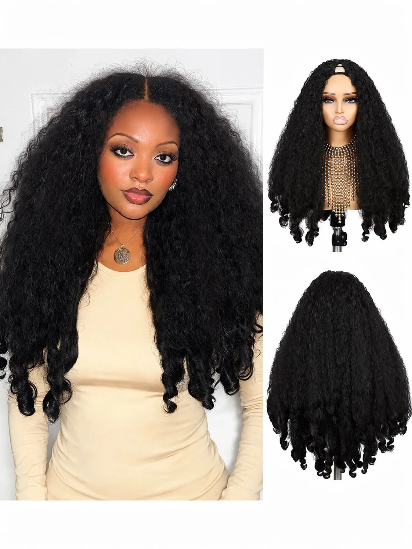 Curly V Part Wigs for Black Women Afro Curly V Part Synthetic Braided Hair 24 Inch Clip in Half Wig with Bouncy Curls