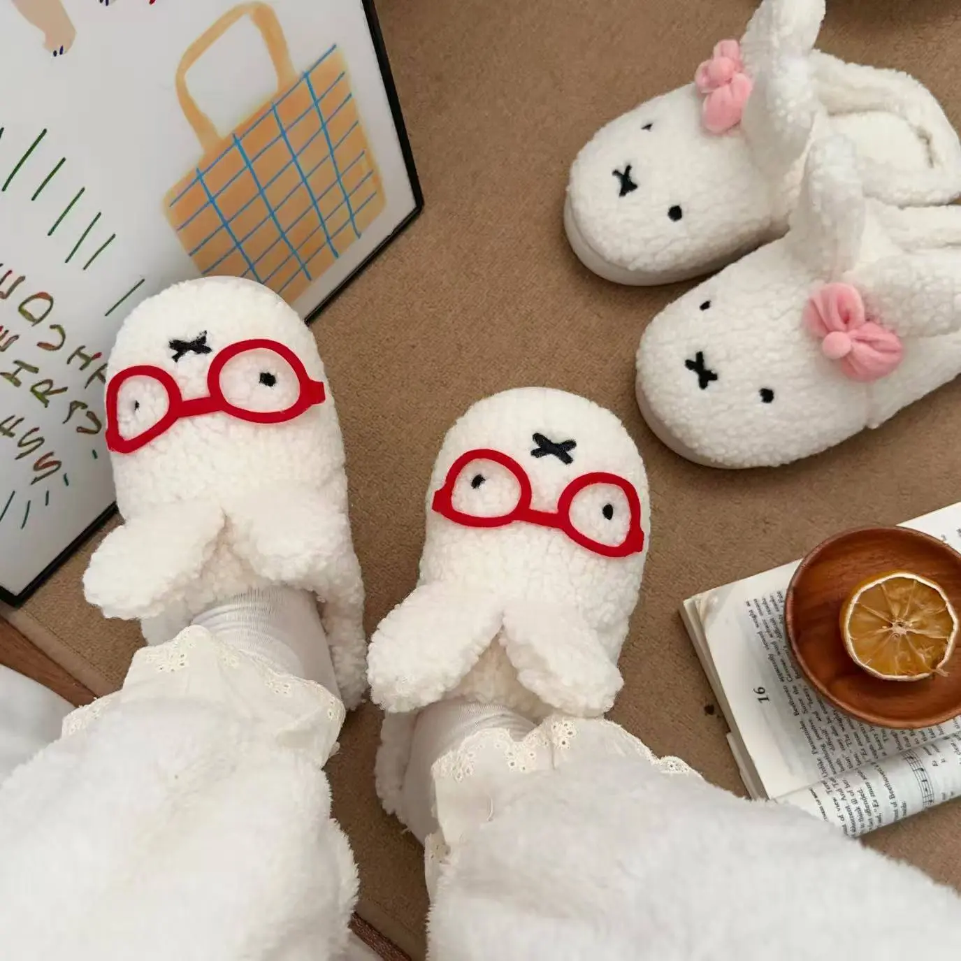 Miffy Bunny Plush Slippers Cartoon Rabbit Fuzzy Slippers Kawaii Cute Animal Warm Indoor Slippers For Girls Trendy Miffy Slippers