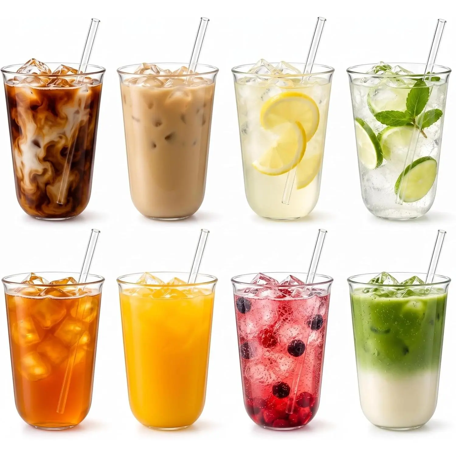 Set of 8 14.2 oz Clear Drinking Glass with Straws 420 ml Iced Tea Beer Cups Heat Resistant Kitchen Glassware for Juice, Beverage, Cocktail, Coffee, Soda