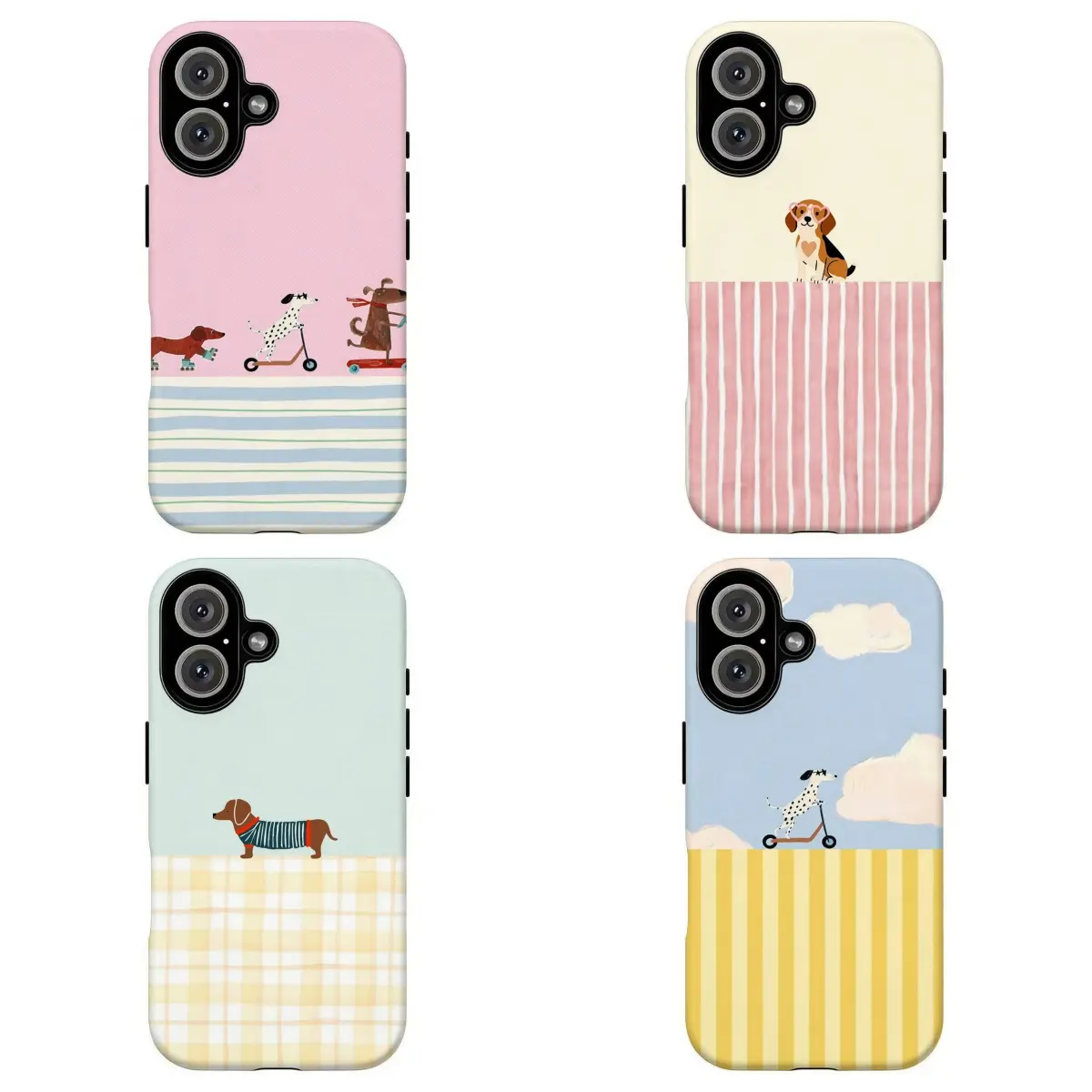 FL-Pastel Striped Gingham Patchwork Dog Phone Case, Cute Dachshund Dalmatian Beagle Puppy Print Slim Kawaii Cottagecore Girly Protective Case For iPhone 11 12 13 14 15 16 17 Air Pro Max for Samsung S26 S25 S24 S23 S22 S21 Case,Gift for her/him/fans