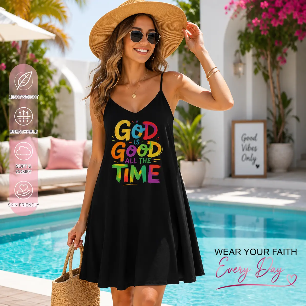 God Is Good All The Time Women's Spaghetti Strap , Christian Faith Graphic Summer   Mini , Colorful Inspirational Letter Print A-Line Sundress, Lightweight Beach Vacation Outfit, Cute Y2K Streetwear Gift for Women chic wear casual