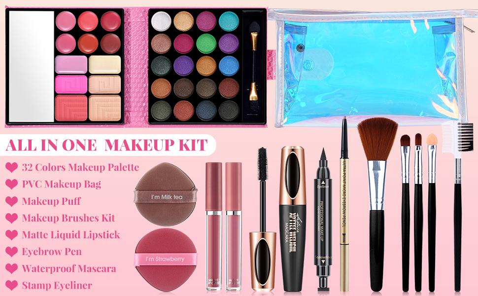 Makeup Set for Women Full Kit - 32 Colors Makeup Palette,5pcs Brushes Set, Mascara & Stamp Liquid Eyeliner, Eyebrow Pen, 2pcs Matte Liquid Lipsticks, 2 Powder Puff, 1 Cosmetic Bag Makeup Gift Set