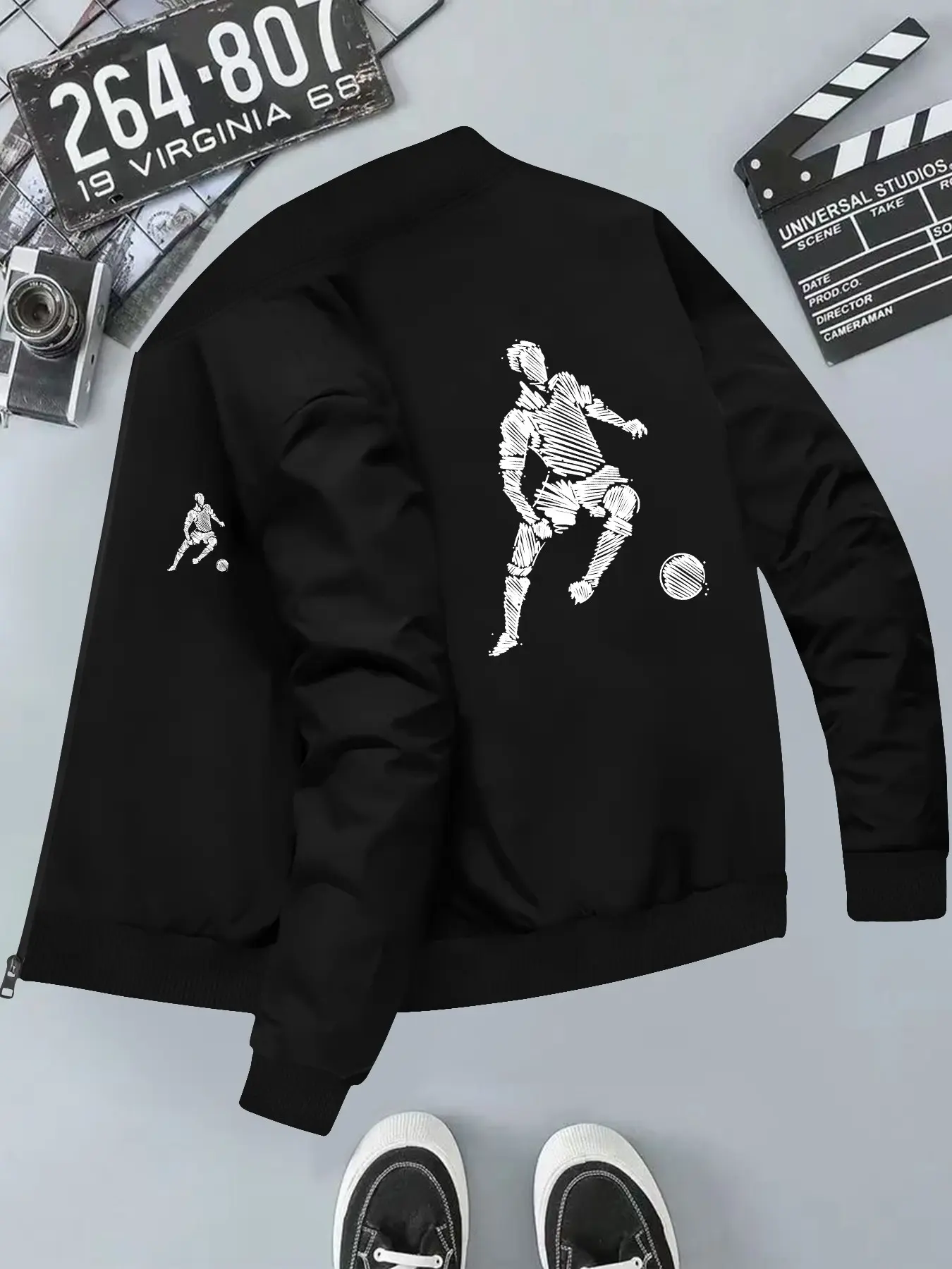 Football Player Print Men's Casual Jacket, Long Sleeve Slim-Fit, Geometric Pattern, All Seasons, Polyester Fiber