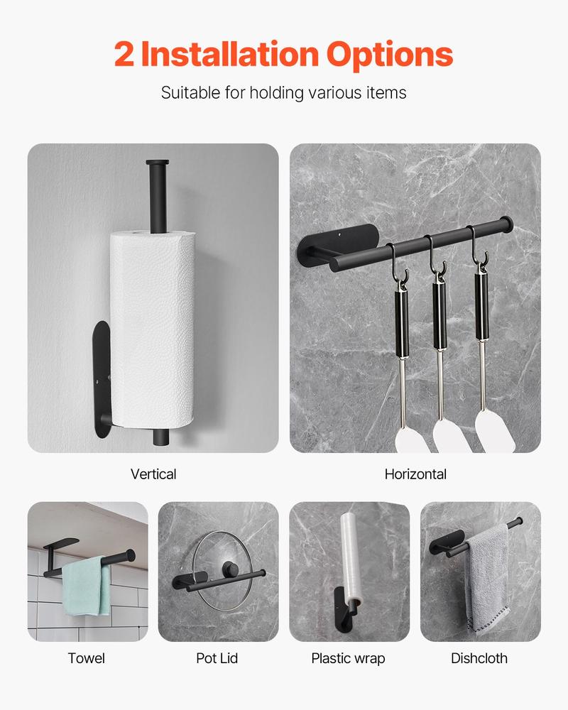 VEVOR Paper Towel Holder Under Cabinet, High-Quality Stainless Steel Paper Towel Holder, Self Adhesive or Drilling Paper Towel Holder Wall Mount for Kitchen, Bathroom, Pantry