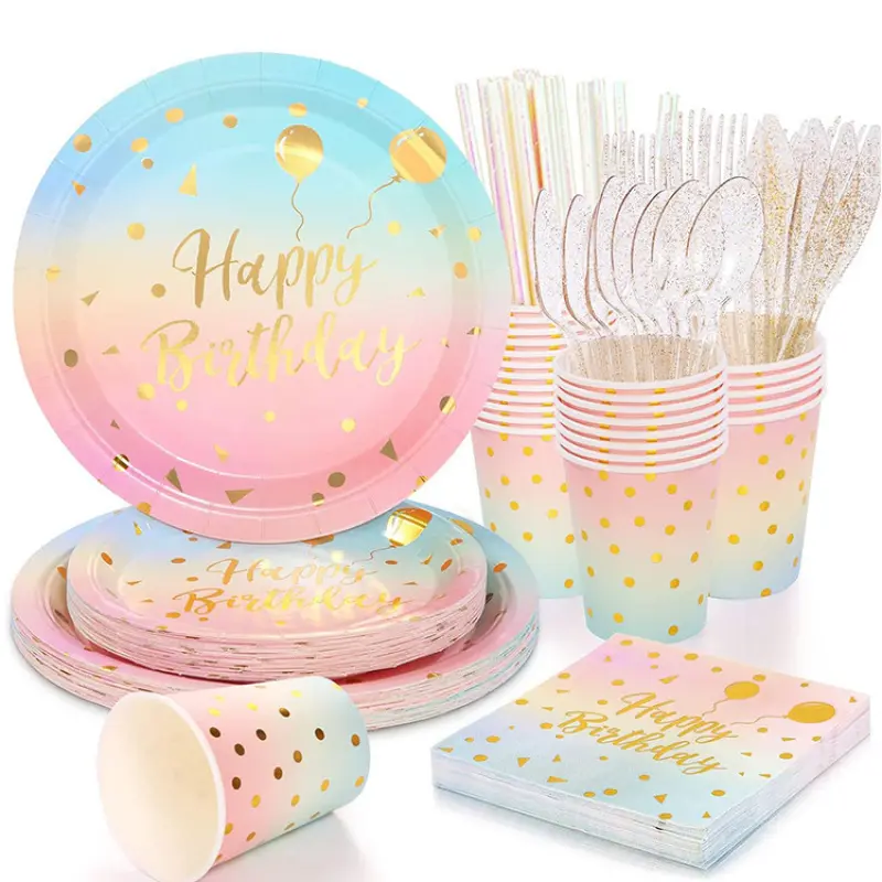 Birthday Party Disposable Tableware Set  Serves 24 Guests (8-Piece Set) | Blue & Pink Gradient Design | Includes Plates, Napkins, Paper Cups, and Straws | Party Tableware Supplies