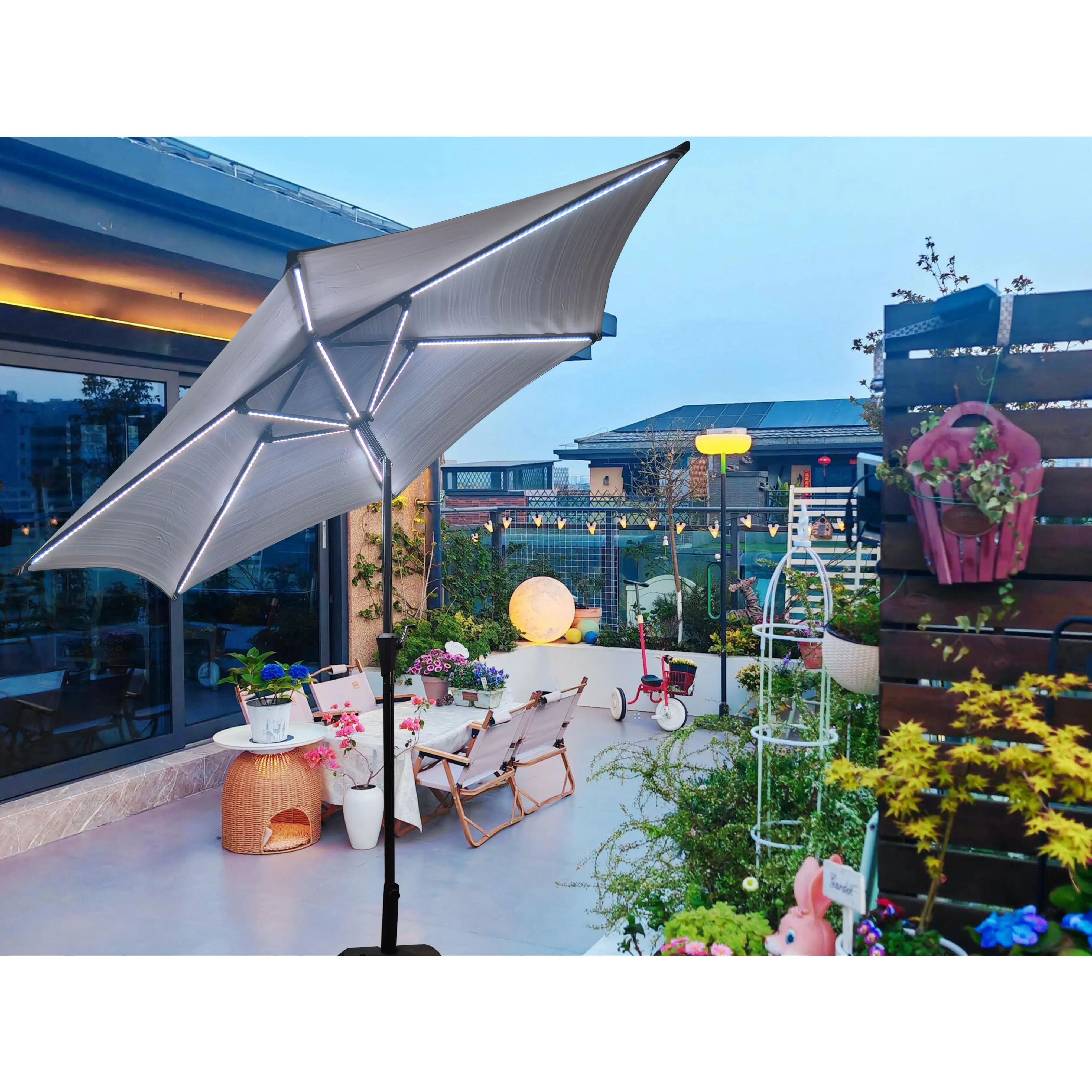 ARCH 9FT Solar LED Lighted Metal Frame Market Look Patio Umbrella, Blue Striped Round Canopy, Push Button Tilt & Crank, 6 Steel Ribs, Metal Pole, for Garden, Deck, No Base Included, Solar Outdoor Lights