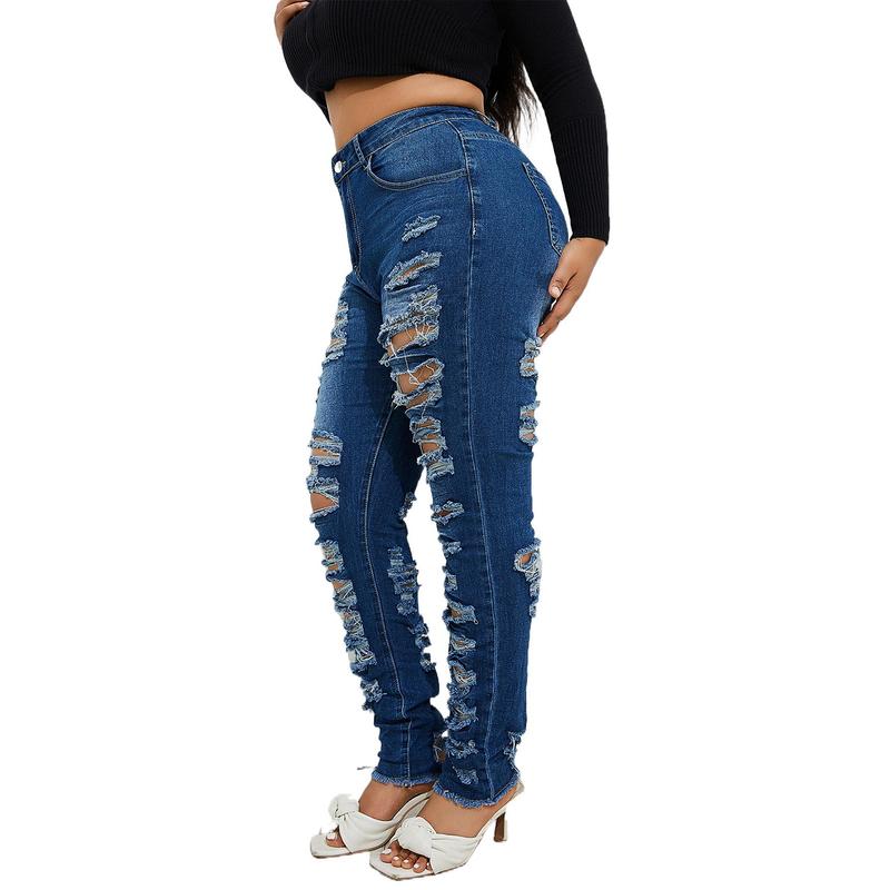Women's Plus Size Stretchy Skinny  jeans in black Ripped Distressed Denim, Basic Style Ankle-Length Denim Pants